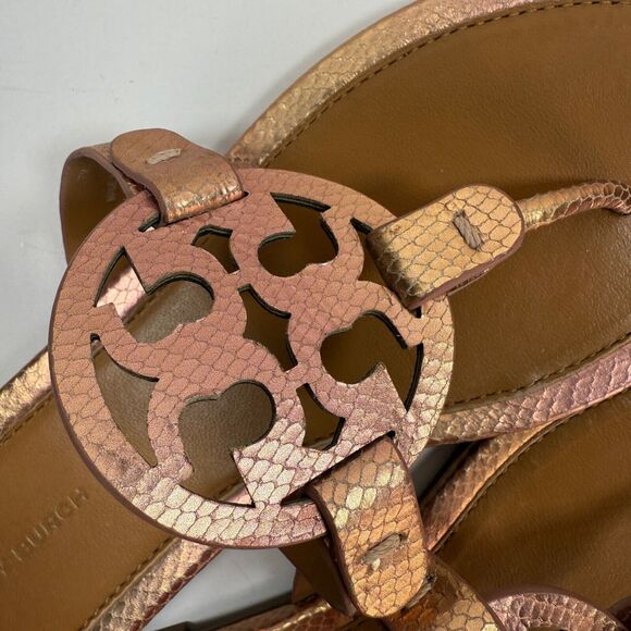 Tory Burch Miller Metallic Sandals Womens 7 M Embossed Snake Emblem Logo Coral - Picture 11 of 12